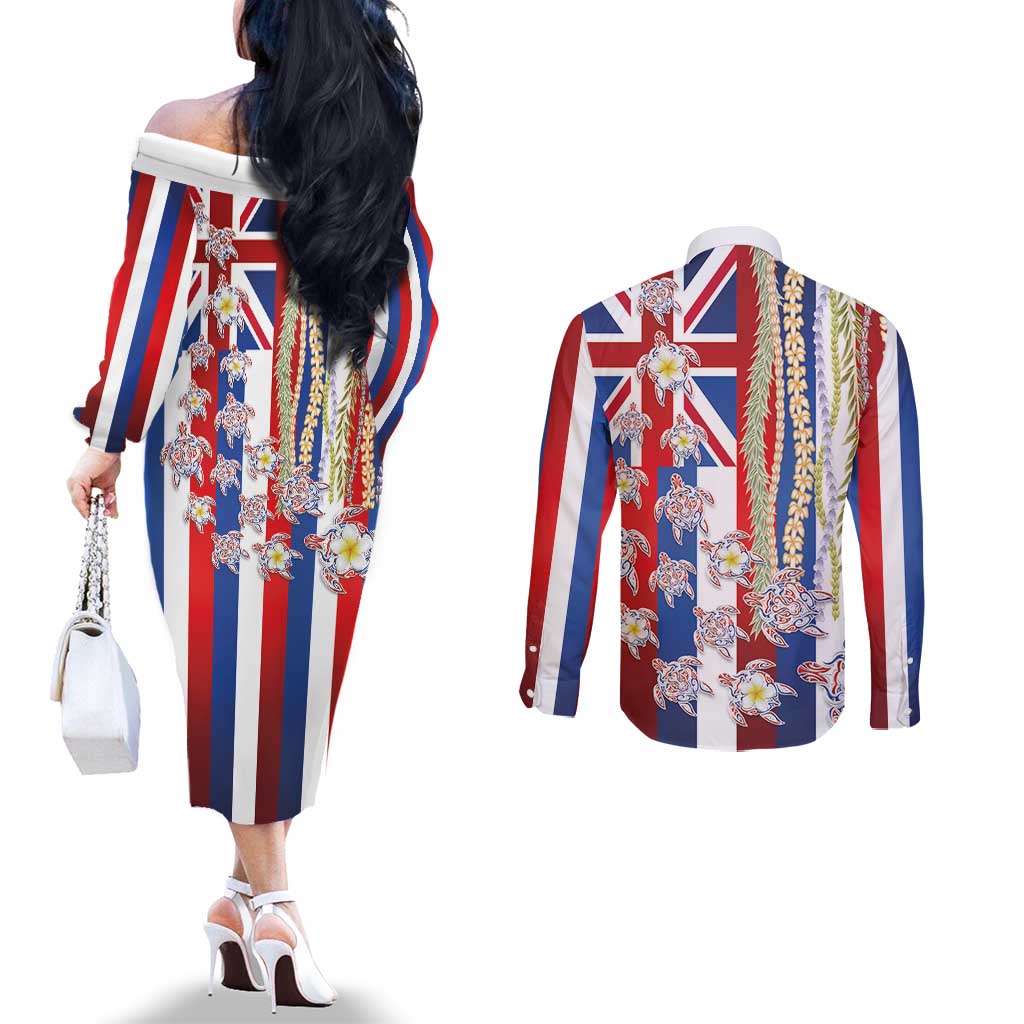 Hawaiian Polynesian Tribal Turtles Couples Matching Off The Shoulder Long Sleeve Dress and Long Sleeve Button Shirt with Lei and Flag Style LT03 - Polynesian Pride