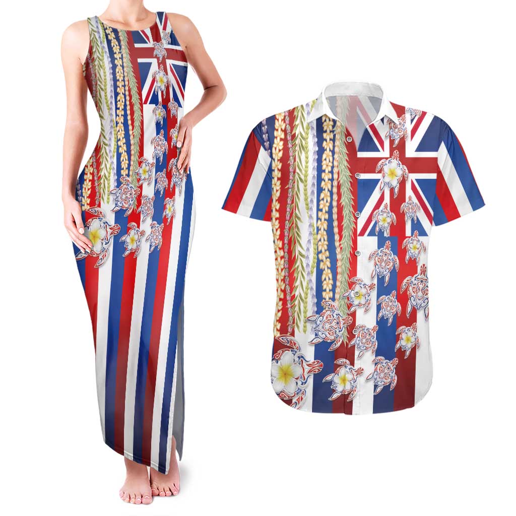 Hawaiian Polynesian Tribal Turtles Couples Matching Tank Maxi Dress and Hawaiian Shirt with Lei and Flag Style LT03 Multicolor - Polynesian Pride