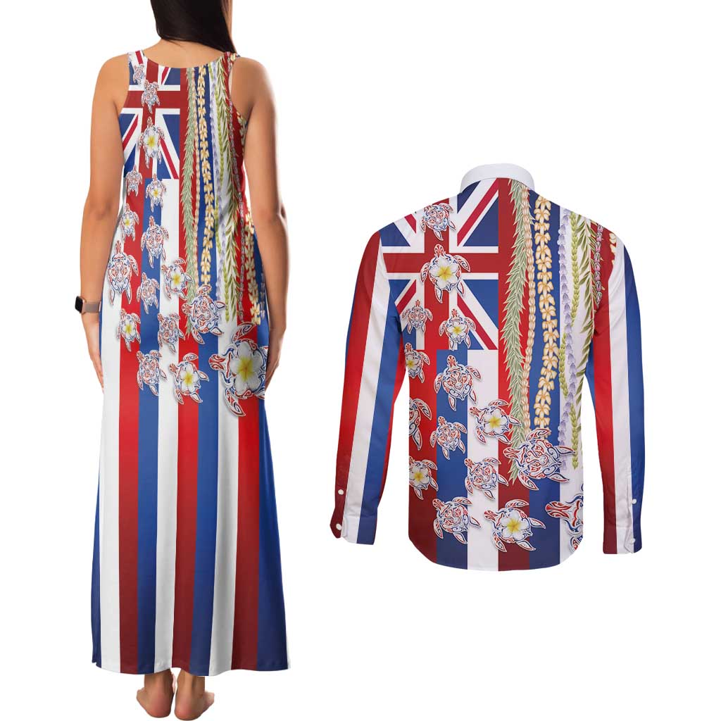 Hawaiian Polynesian Tribal Turtles Couples Matching Tank Maxi Dress and Long Sleeve Button Shirt with Lei and Flag Style LT03 - Polynesian Pride