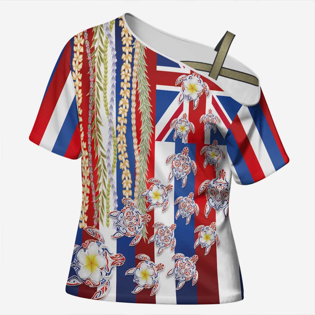 Hawaiian Polynesian Tribal Turtles Cross Shoulder Shirt with Lei and Flag Style