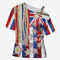 Hawaiian Polynesian Tribal Turtles Cross Shoulder Shirt with Lei and Flag Style