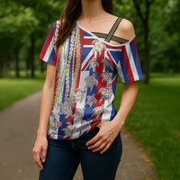 Hawaiian Polynesian Tribal Turtles Cross Shoulder Shirt with Lei and Flag Style