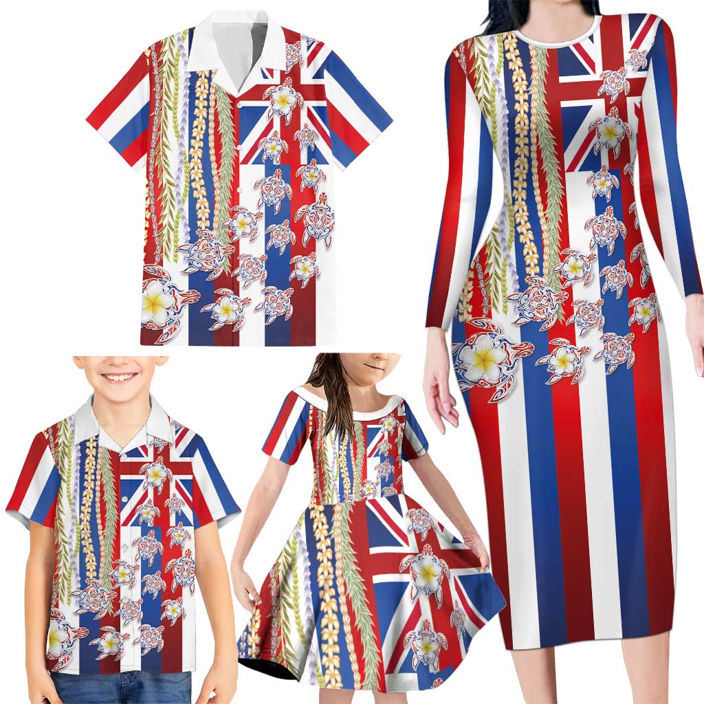 Hawaiian Polynesian Tribal Turtles Family Matching Long Sleeve Bodycon Dress and Hawaiian Shirt with Lei and Flag Style LT03 - Polynesian Pride