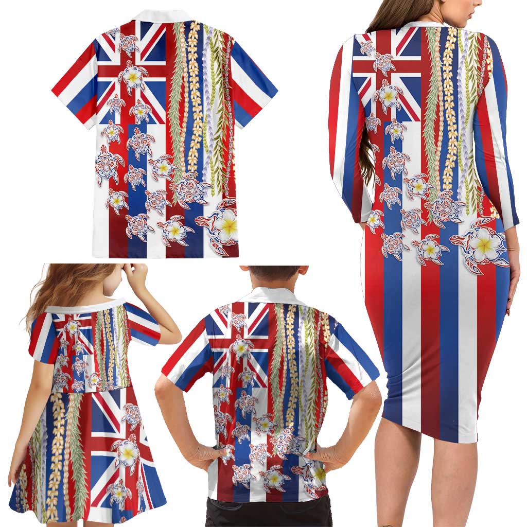 Hawaiian Polynesian Tribal Turtles Family Matching Long Sleeve Bodycon Dress and Hawaiian Shirt with Lei and Flag Style LT03 - Polynesian Pride