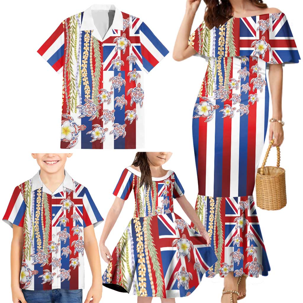 Hawaiian Polynesian Tribal Turtles Family Matching Mermaid Dress and Hawaiian Shirt with Lei and Flag Style LT03 - Polynesian Pride