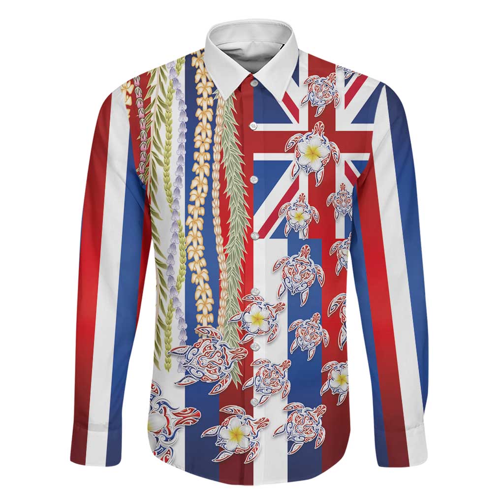 Hawaiian Polynesian Tribal Turtles Family Matching Mermaid Dress and Hawaiian Shirt with Lei and Flag Style LT03 Dad's Shirt - Long Sleeve Multicolor - Polynesian Pride