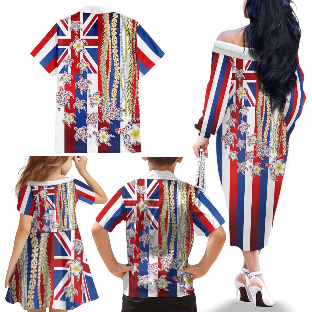 Hawaiian Polynesian Tribal Turtles Family Matching Off The Shoulder Long Sleeve Dress and Hawaiian Shirt with Lei and Flag Style LT03 - Polynesian Pride