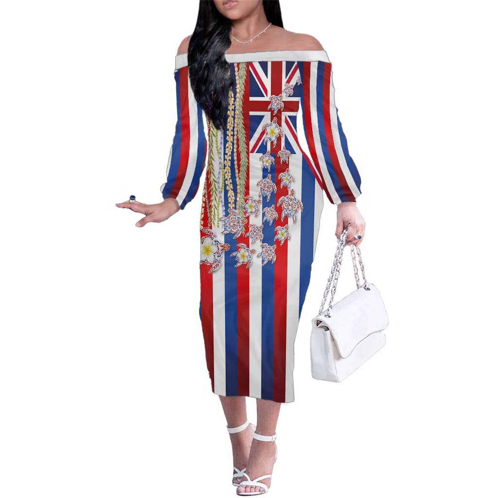 Hawaiian Polynesian Tribal Turtles Family Matching Off The Shoulder Long Sleeve Dress and Hawaiian Shirt with Lei and Flag Style LT03 Mom's Dress Multicolor - Polynesian Pride