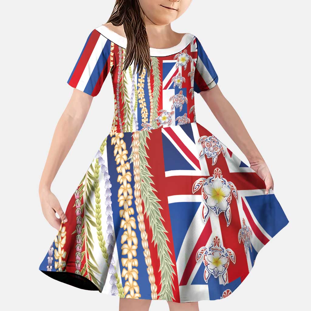 Hawaiian Polynesian Tribal Turtles Family Matching Puletasi and Hawaiian Shirt with Lei and Flag Style LT03 Daughter's Dress Multicolor - Polynesian Pride
