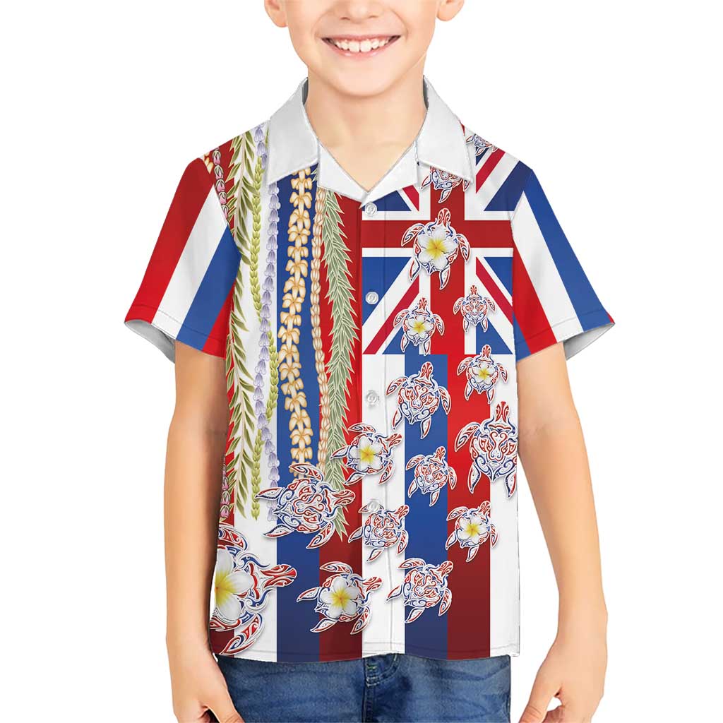 Hawaiian Polynesian Tribal Turtles Kid Hawaiian Shirt with Lei and Flag Style