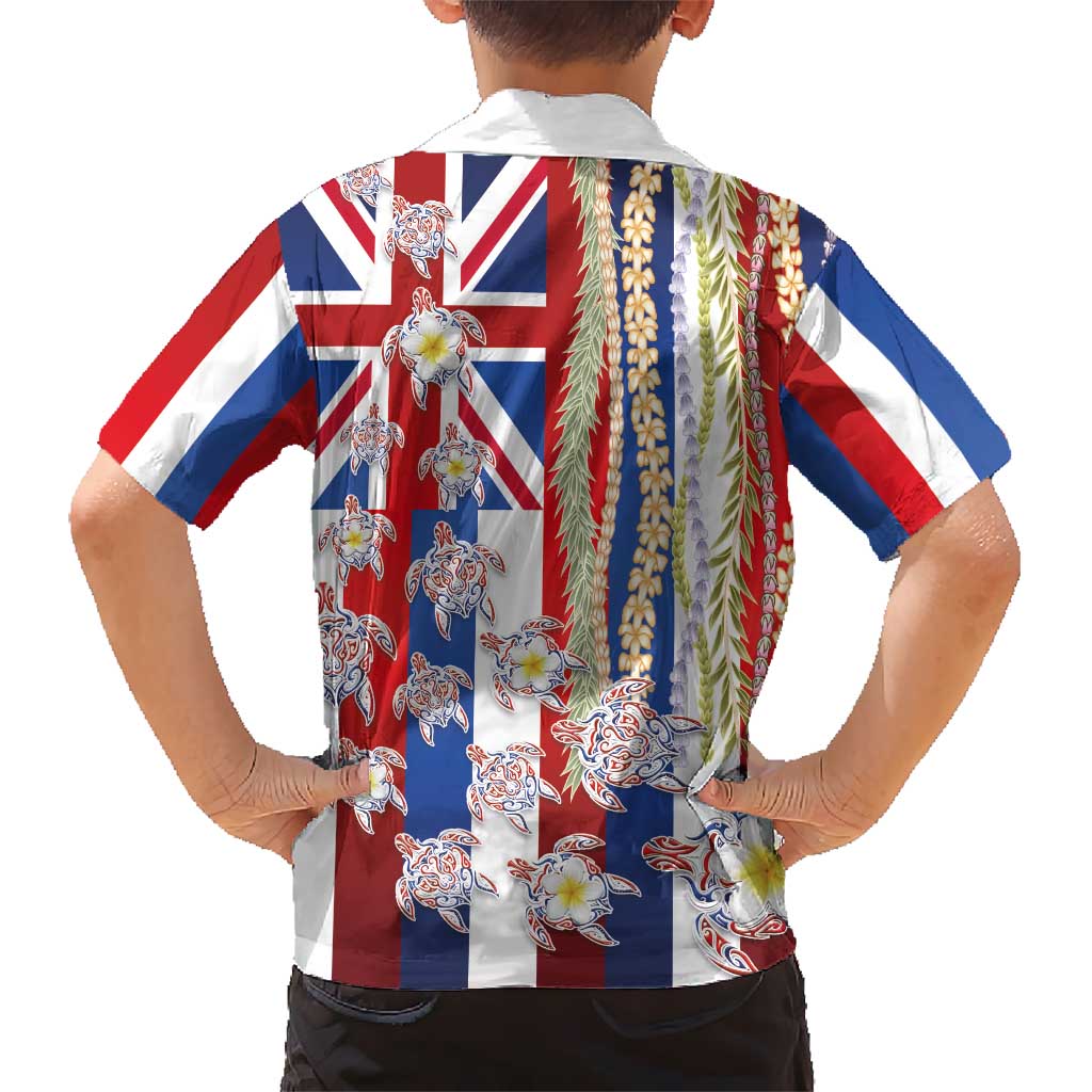 Hawaiian Polynesian Tribal Turtles Kid Hawaiian Shirt with Lei and Flag Style