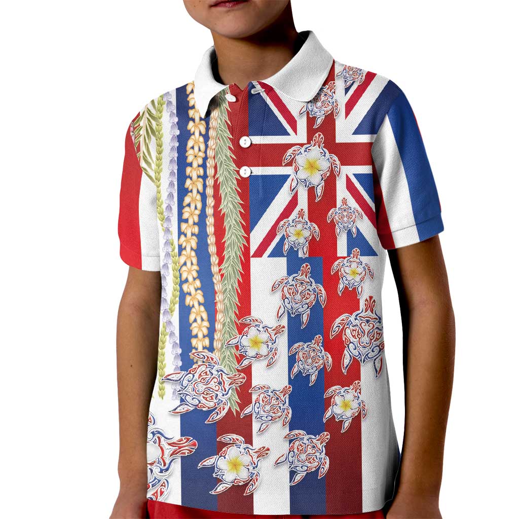 Hawaiian Polynesian Tribal Turtles Kid Polo Shirt with Lei and Flag Style