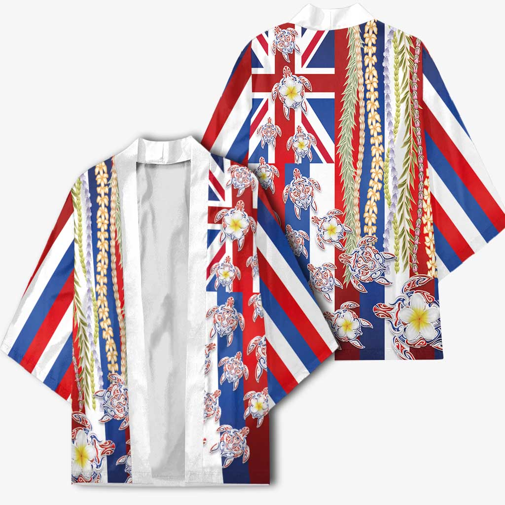 Hawaiian Polynesian Tribal Turtles Kimono with Lei and Flag Style