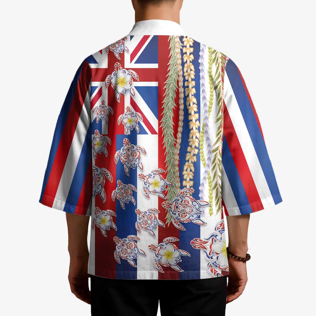 Hawaiian Polynesian Tribal Turtles Kimono with Lei and Flag Style