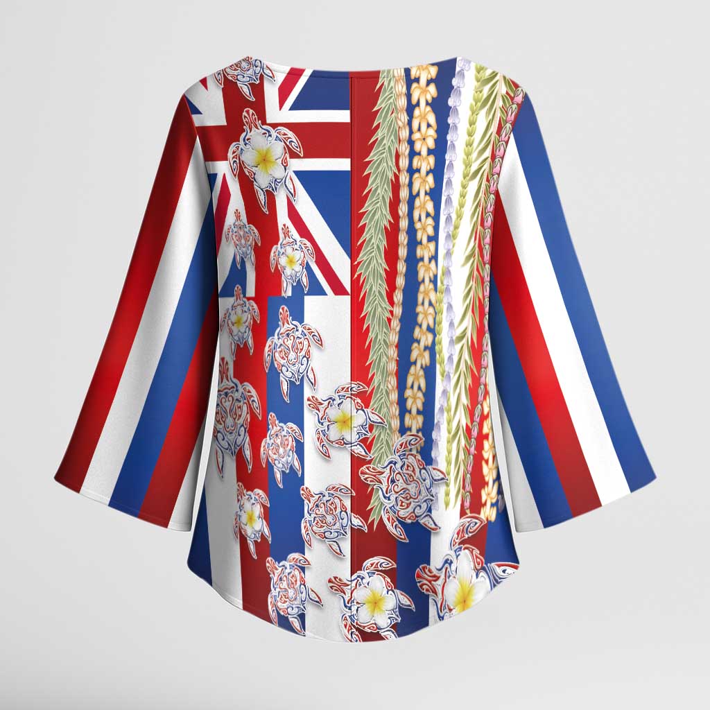Hawaiian Polynesian Tribal Turtles Kimono Sleeve Blouse with Lei and Flag Style