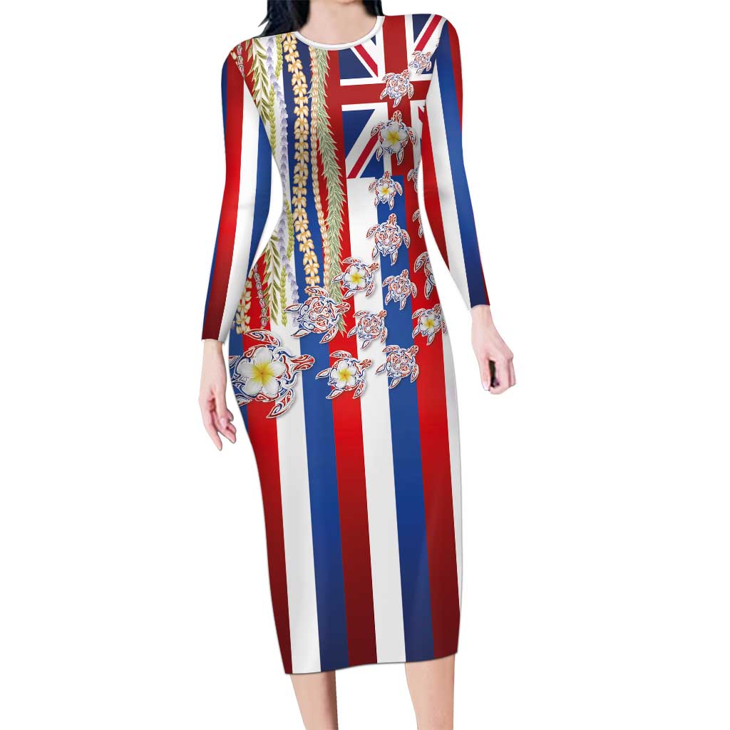Hawaiian Polynesian Tribal Turtles Long Sleeve Bodycon Dress with Lei and Flag Style
