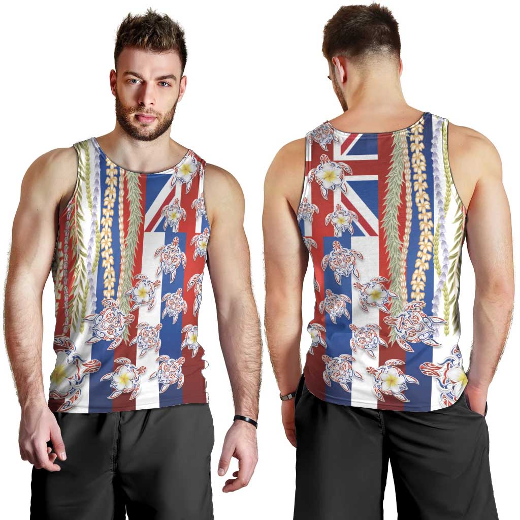 Hawaiian Polynesian Tribal Turtles Men Tank Top with Lei and Flag Style