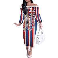 Hawaiian Polynesian Tribal Turtles Off The Shoulder Long Sleeve Dress with Lei and Flag Style LT03 Women Multicolor - Polynesian Pride