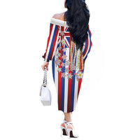 Hawaiian Polynesian Tribal Turtles Off The Shoulder Long Sleeve Dress with Lei and Flag Style LT03 - Polynesian Pride