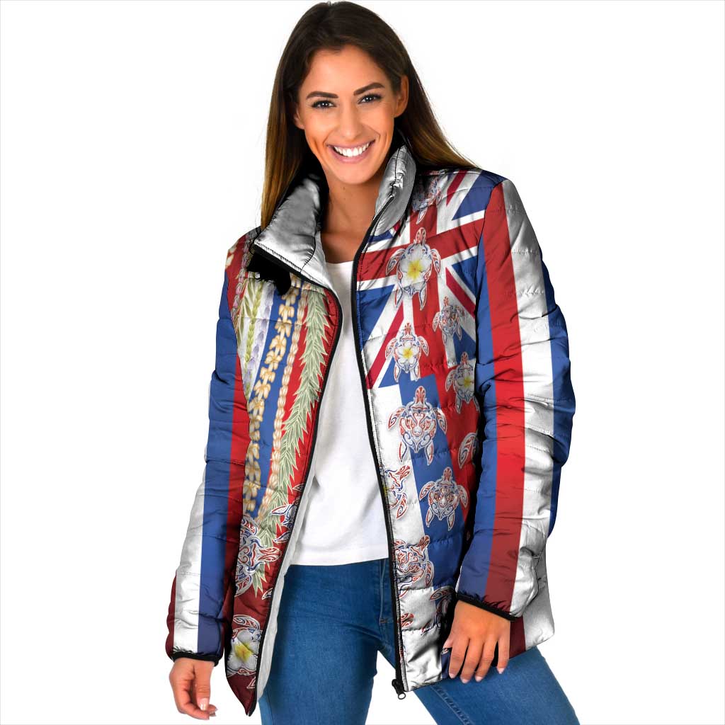 Hawaiian Polynesian Tribal Turtles Padded Jacket with Lei and Flag Style