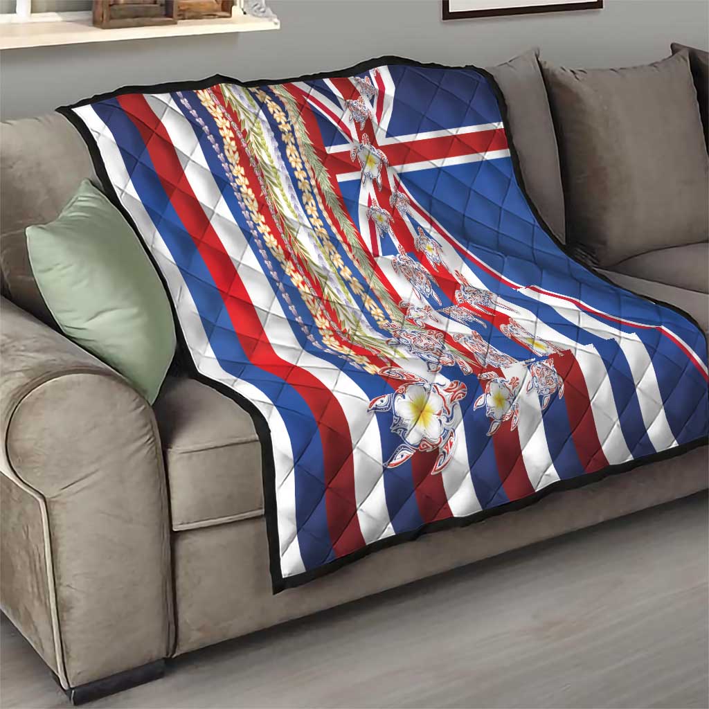 Hawaiian Polynesian Tribal Turtles Quilt with Lei and Flag Style
