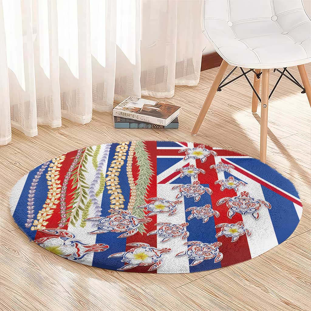 Hawaiian Polynesian Tribal Turtles Round Carpet with Lei and Flag Style