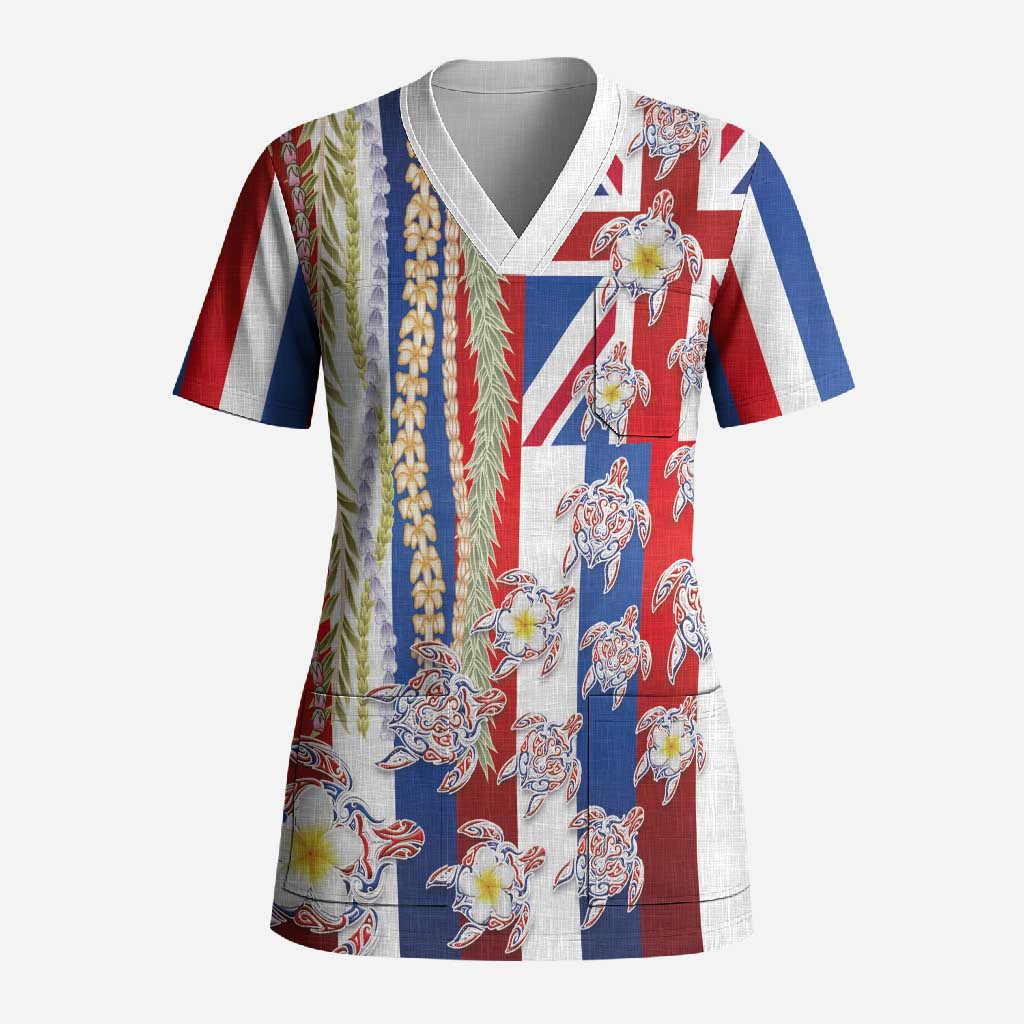 Hawaiian Polynesian Tribal Turtles Scrub Top with Lei and Flag Style