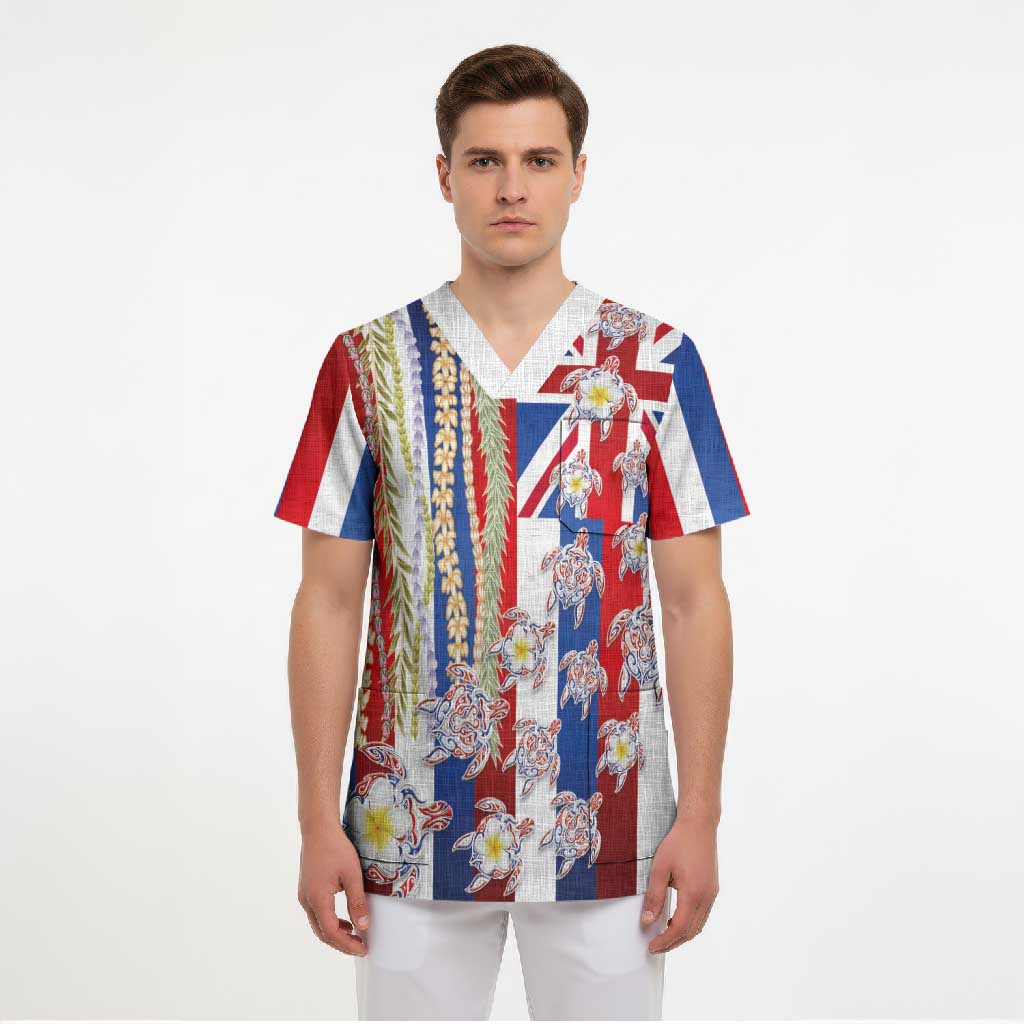 Hawaiian Polynesian Tribal Turtles Scrub Top with Lei and Flag Style