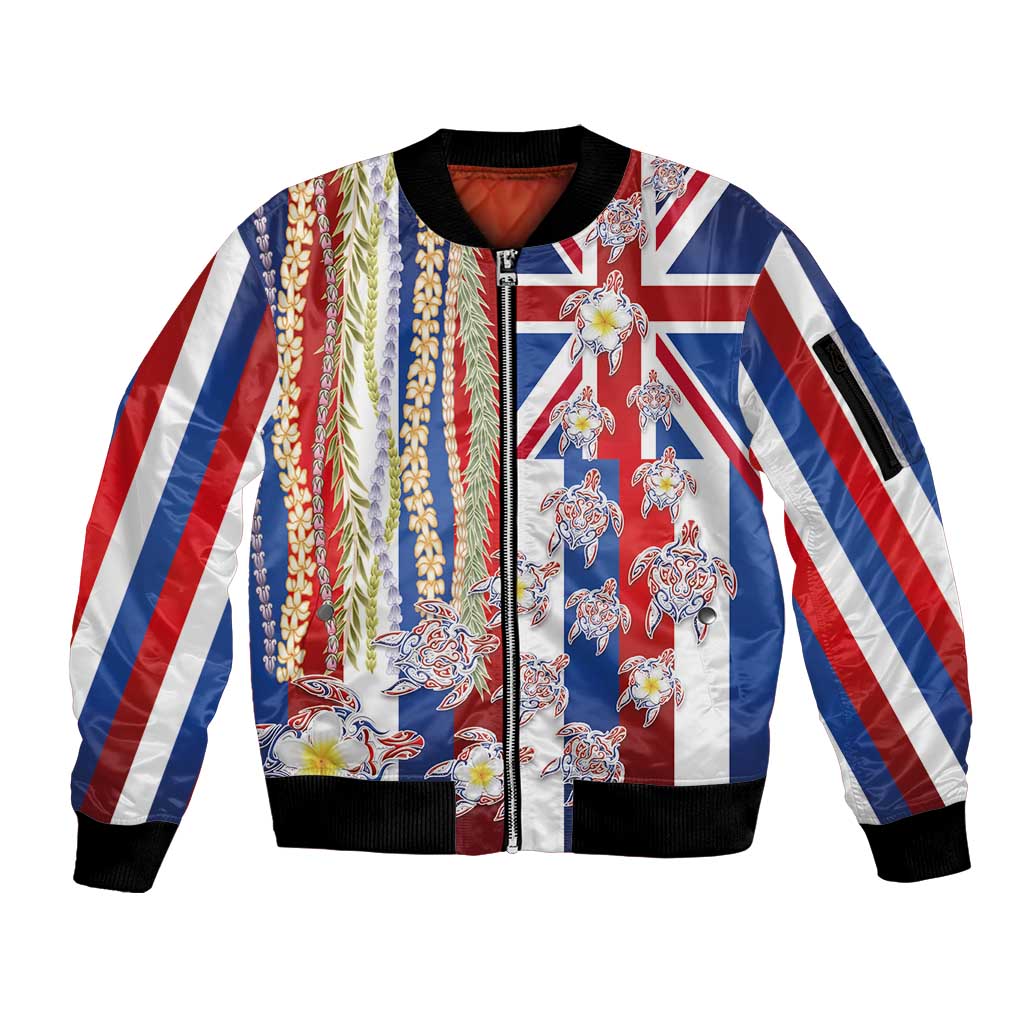 Hawaiian Polynesian Tribal Turtles Sleeve Zip Bomber Jacket with Lei and Flag Style