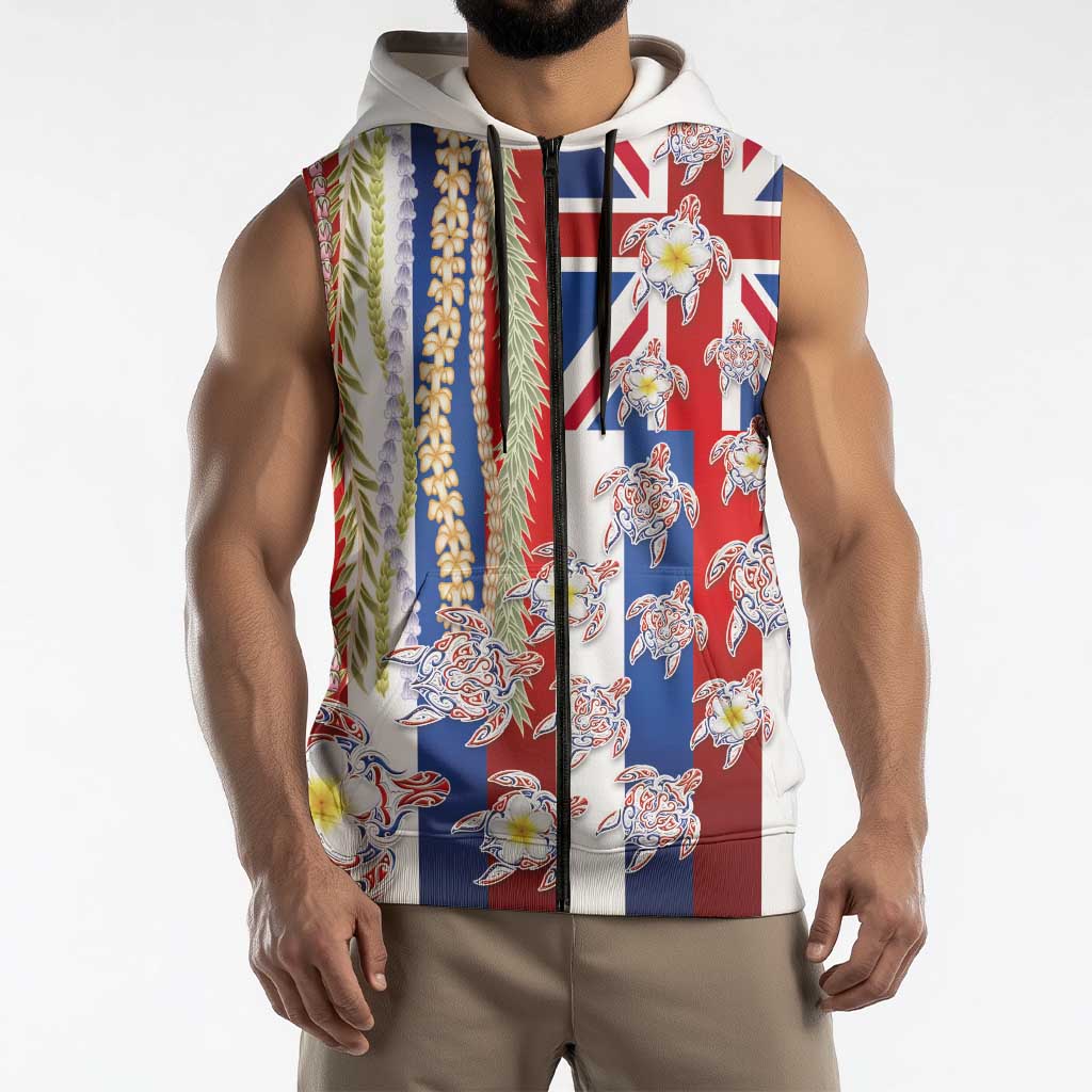 Hawaiian Polynesian Tribal Turtles Sleeveless Zip Hoodie with Lei and Flag Style