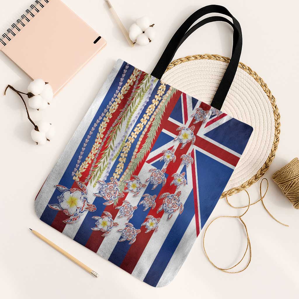 Hawaiian Polynesian Tribal Turtles Tote Bag with Lei and Flag Style