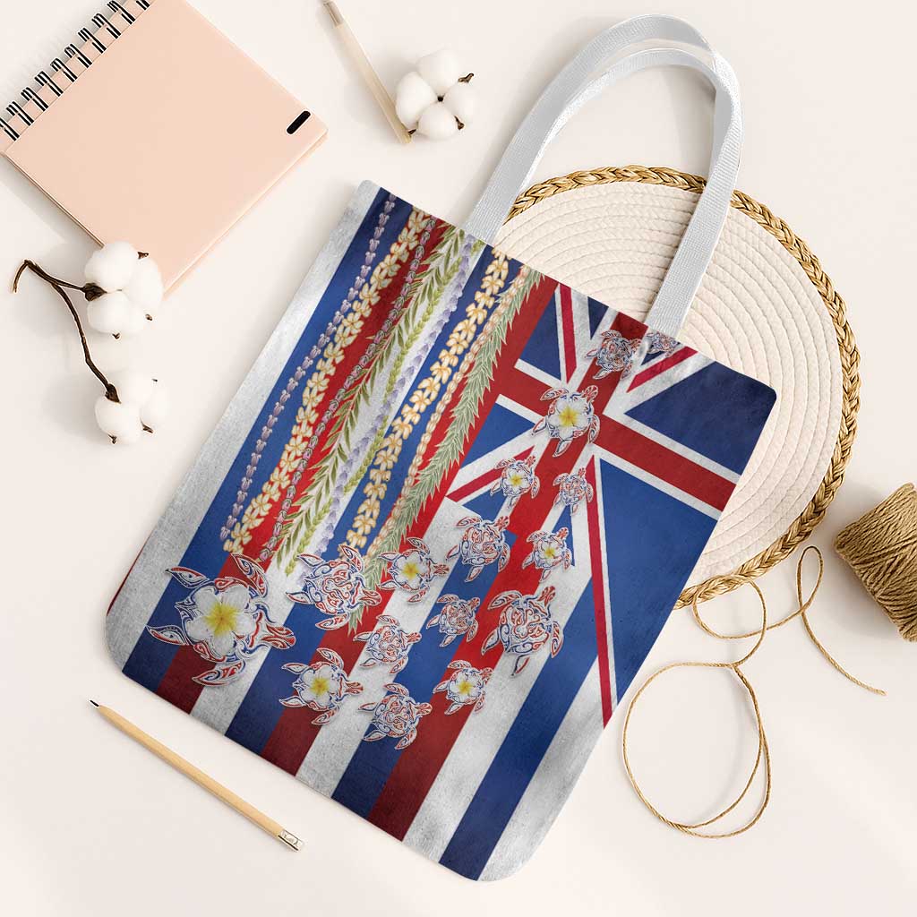 Hawaiian Polynesian Tribal Turtles Tote Bag with Lei and Flag Style
