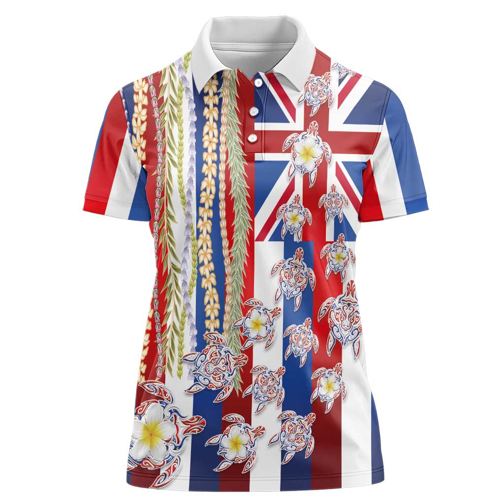 Hawaiian Polynesian Tribal Turtles Women Polo Shirt with Lei and Flag Style LT03 Female Multicolor - Polynesian Pride