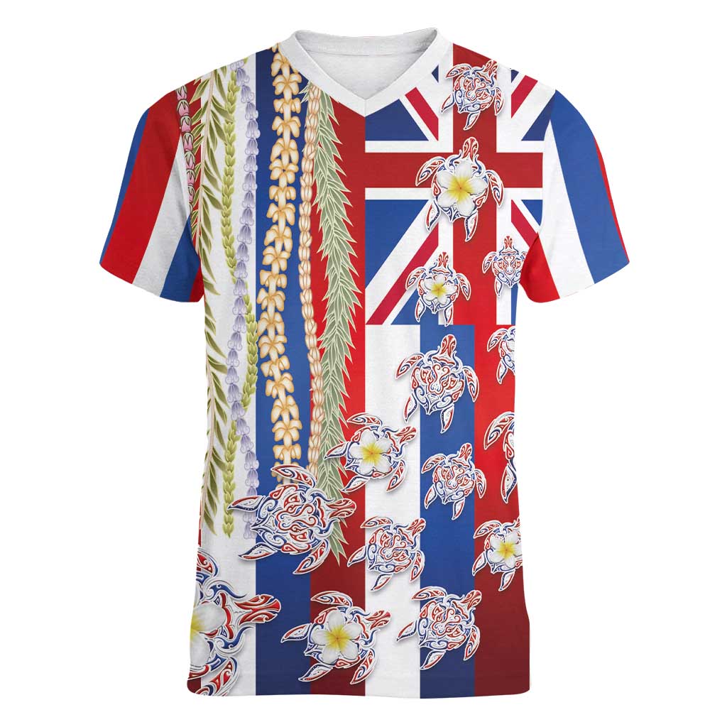 Hawaiian Polynesian Tribal Turtles Women V-Neck T-Shirt with Lei and Flag Style LT03 Female Multicolor - Polynesian Pride