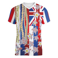 Hawaiian Polynesian Tribal Turtles Women V-Neck T-Shirt with Lei and Flag Style LT03 Female Multicolor - Polynesian Pride