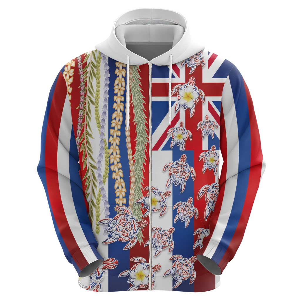 Hawaiian Polynesian Tribal Turtles Zip Hoodie with Lei and Flag Style