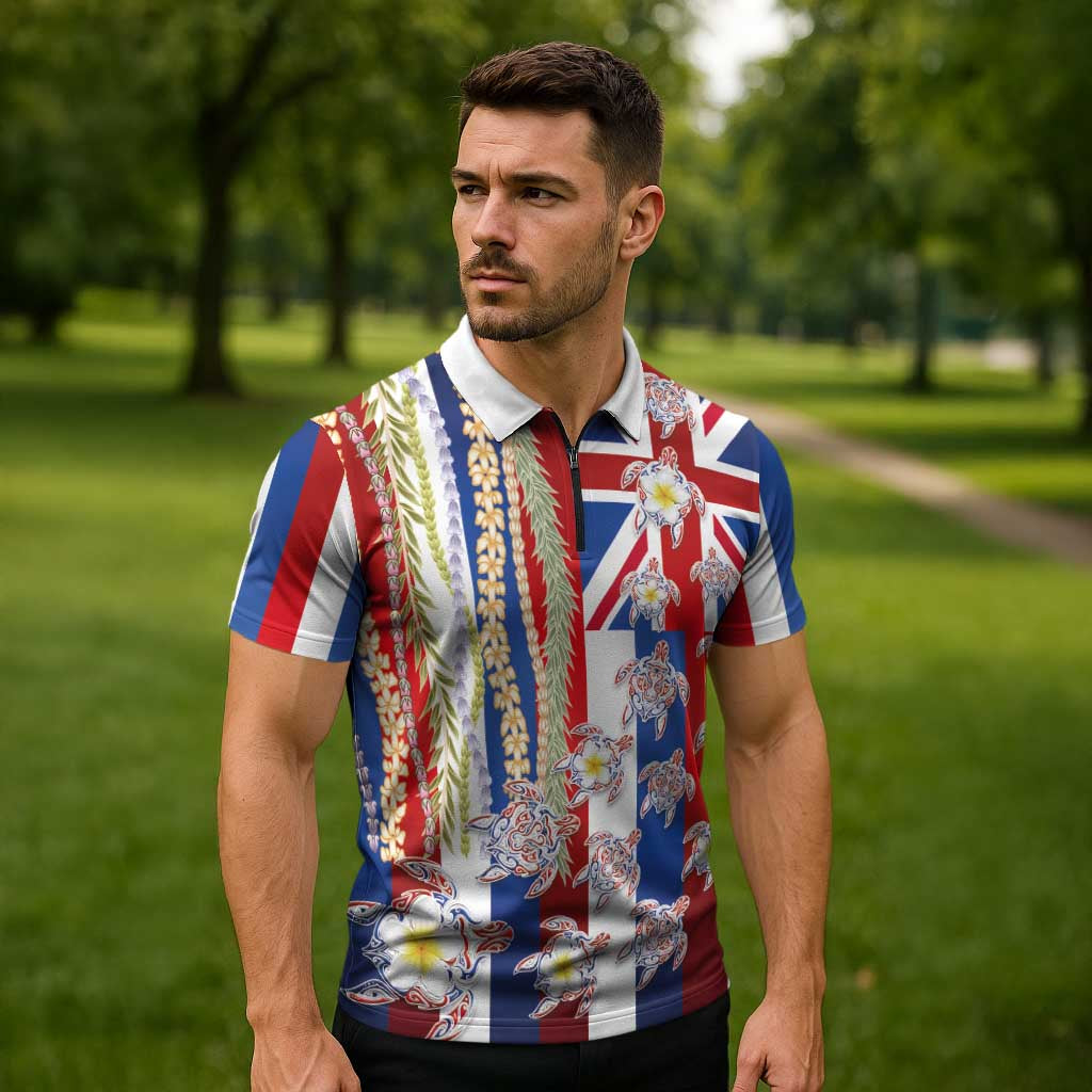 Hawaiian Polynesian Tribal Turtles Zipper Polo Shirt with Lei and Flag Style