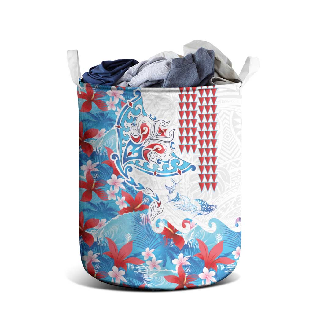 Hawaiian Tribal Manta Ray Laundry Basket Kakau Tattoo and Flowers Surfing Waves Pattern Ocean Color