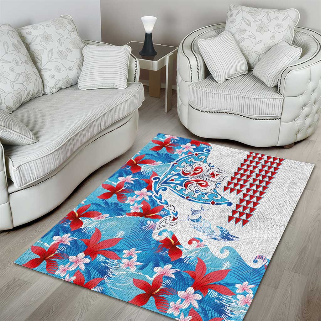 Hawaiian Tribal Manta Ray Area Rug Kakau Tattoo and Flowers Surfing Waves Pattern Ocean Color LT03 - Polynesian Pride