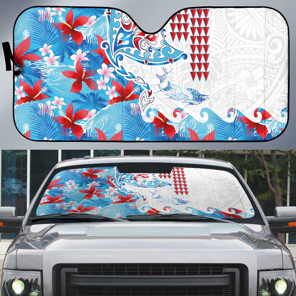 Hawaiian Tribal Manta Ray Auto Sun Shade Kakau Tattoo and Flowers Surfing Waves Pattern Ocean Color