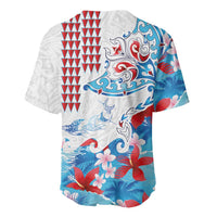 Hawaiian Tribal Manta Ray Baseball Jersey Kakau Tattoo and Flowers Surfing Waves Pattern Ocean Color LT03 - Polynesian Pride