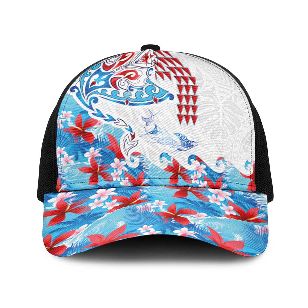 Hawaiian Tribal Manta Ray Baseball Net Cap Kakau Tattoo and Flowers Surfing Waves Pattern Ocean Color