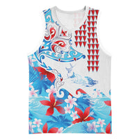 Hawaiian Tribal Manta Ray Basketball Jersey Kakau Tattoo and Flowers Surfing Waves Pattern Ocean Color LT03 Unisex Multicolor - Polynesian Pride