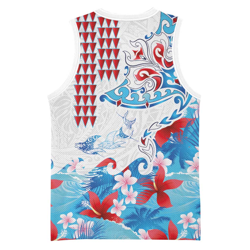 Hawaiian Tribal Manta Ray Basketball Jersey Kakau Tattoo and Flowers Surfing Waves Pattern Ocean Color LT03 - Polynesian Pride
