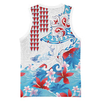 Hawaiian Tribal Manta Ray Basketball Jersey Kakau Tattoo and Flowers Surfing Waves Pattern Ocean Color LT03 - Polynesian Pride