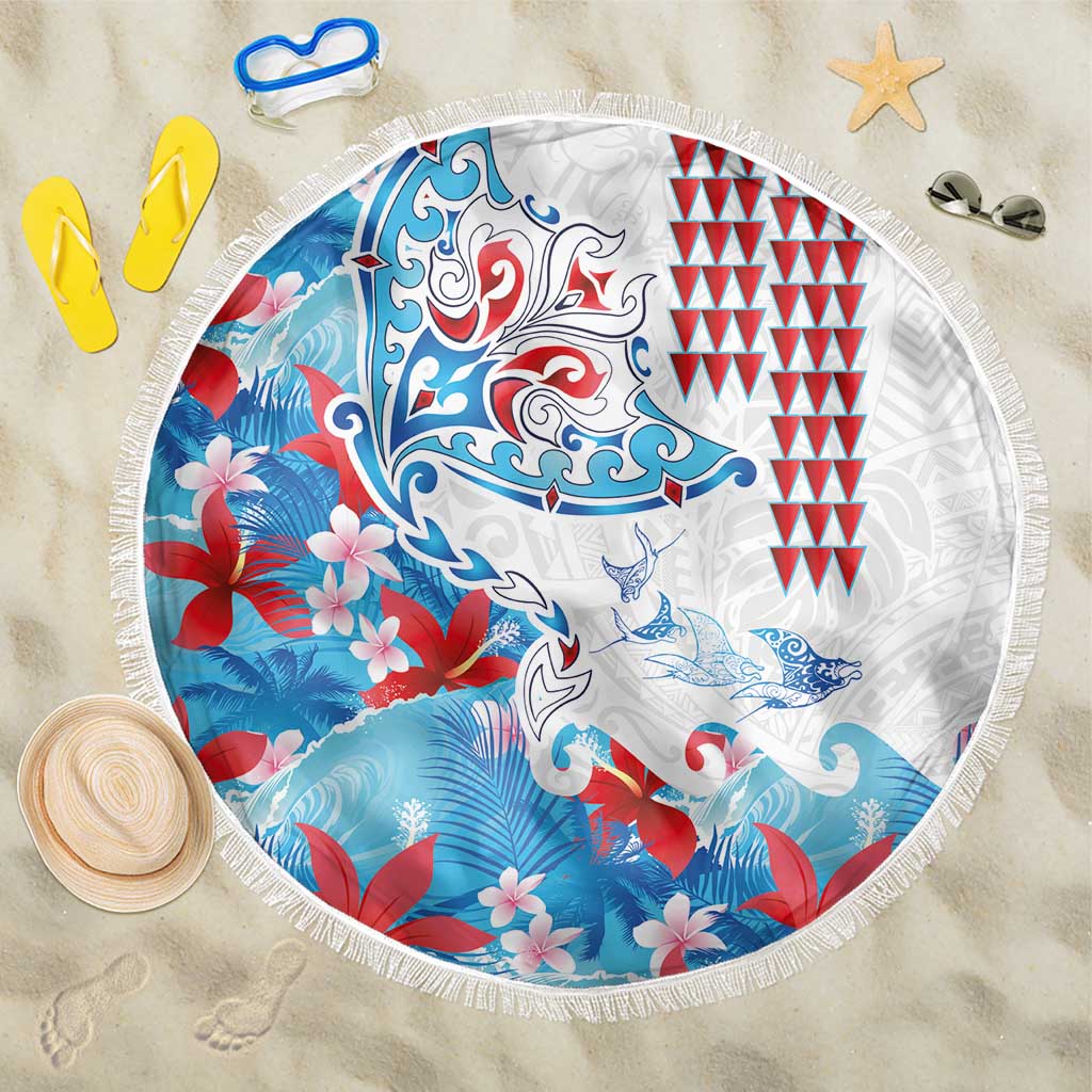 Hawaiian Tribal Manta Ray Beach Blanket Kakau Tattoo and Flowers Surfing Waves Pattern Ocean Color LT03 One Size 150cm Multicolor - Polynesian Pride