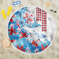 Hawaiian Tribal Manta Ray Beach Blanket Kakau Tattoo and Flowers Surfing Waves Pattern Ocean Color LT03 One Size 150cm Multicolor - Polynesian Pride