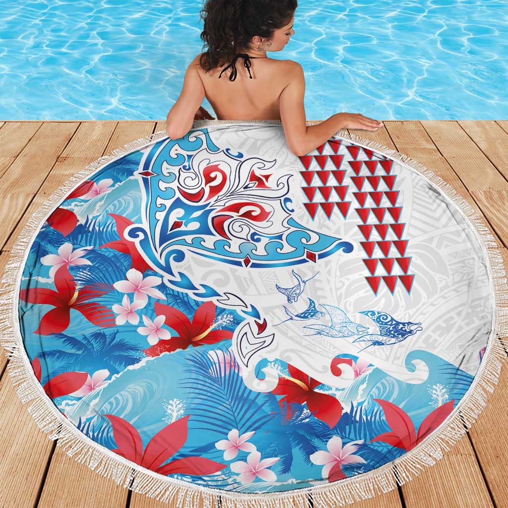 Hawaiian Tribal Manta Ray Beach Blanket Kakau Tattoo and Flowers Surfing Waves Pattern Ocean Color LT03 - Polynesian Pride