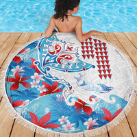 Hawaiian Tribal Manta Ray Beach Blanket Kakau Tattoo and Flowers Surfing Waves Pattern Ocean Color LT03 - Polynesian Pride