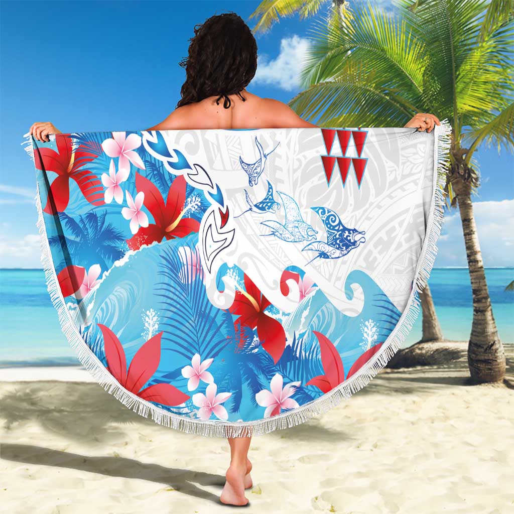 Hawaiian Tribal Manta Ray Beach Blanket Kakau Tattoo and Flowers Surfing Waves Pattern Ocean Color LT03 - Polynesian Pride